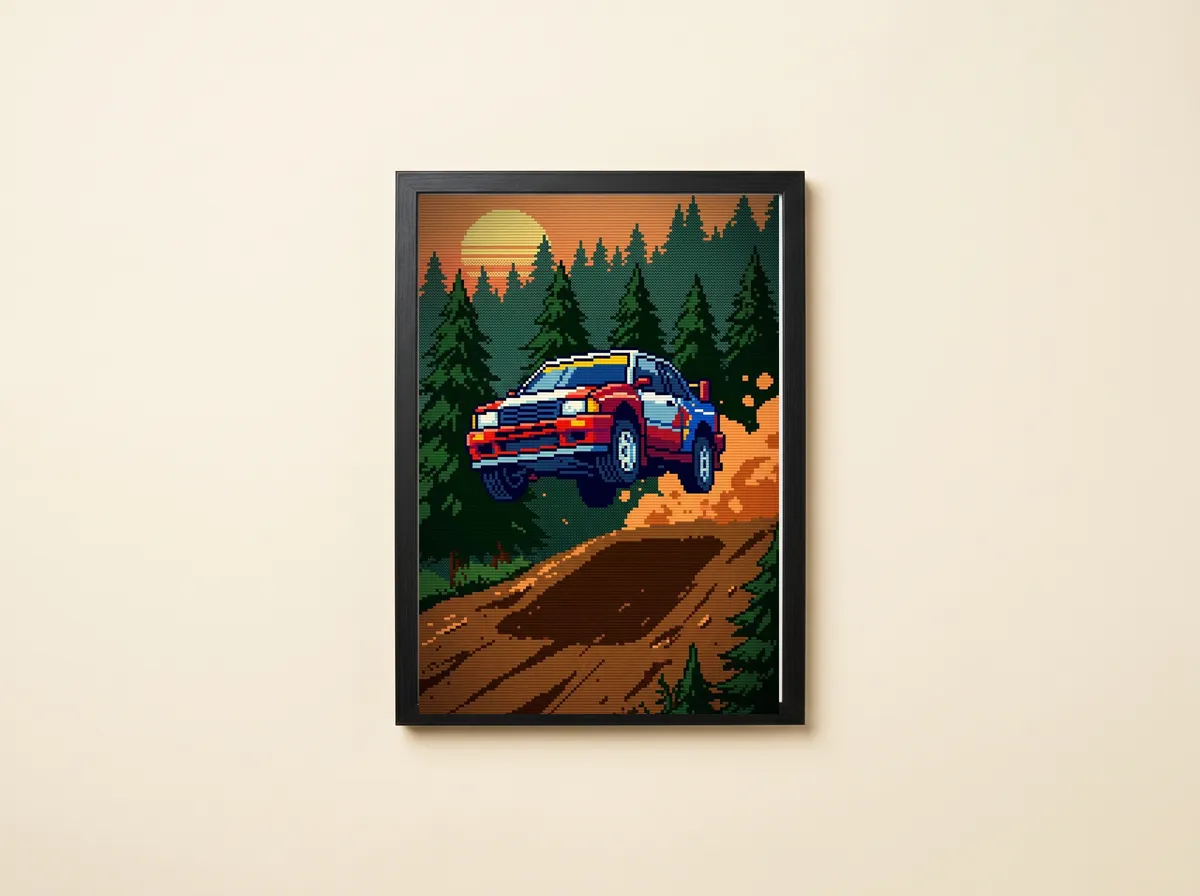 Pixel Rally Stage framed, a pixel-art rally car mid-jump