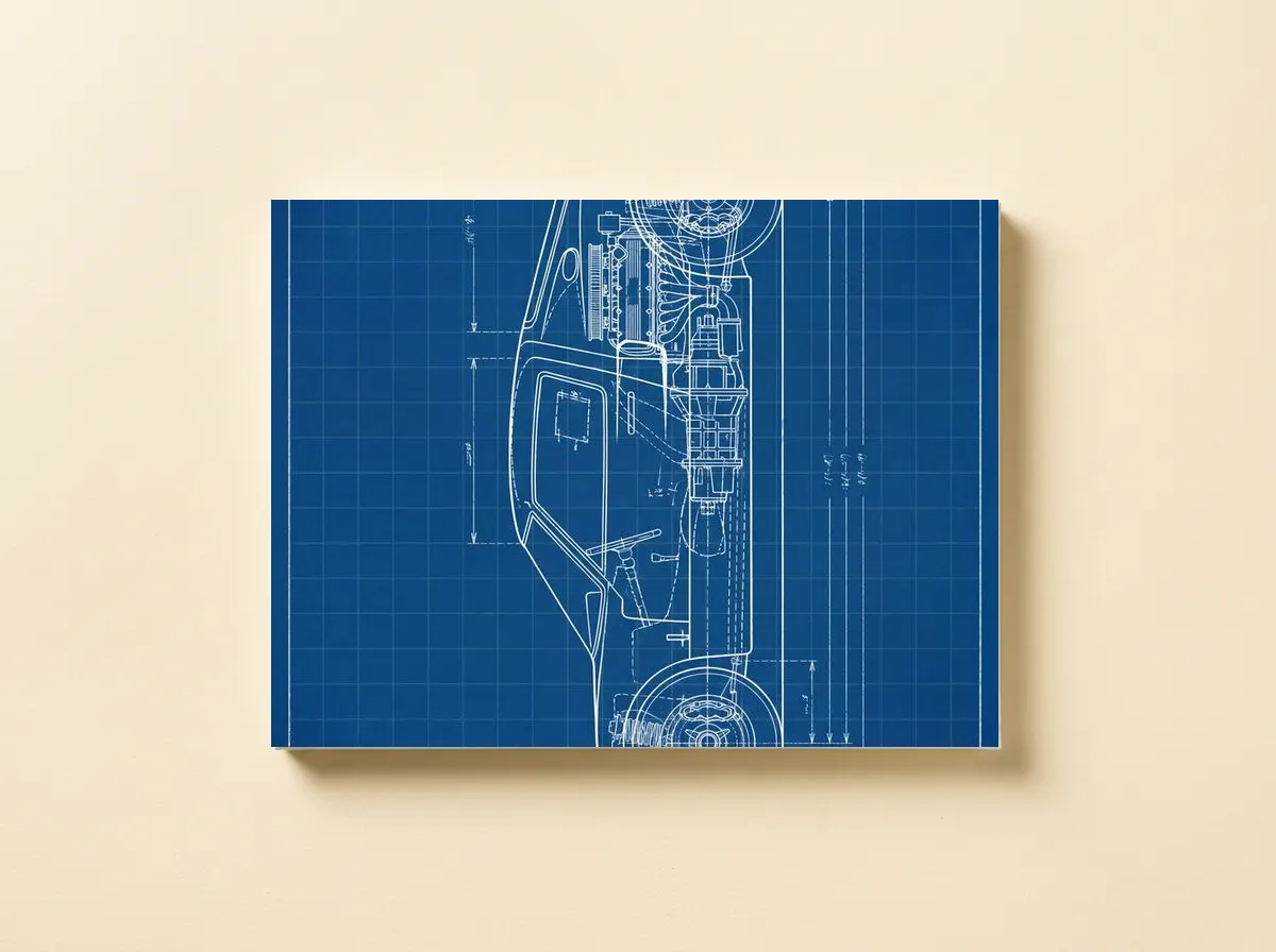 Rear-Engine Study on a canvas, the blueprint cropped wide around the engine bay and the measurement lines.