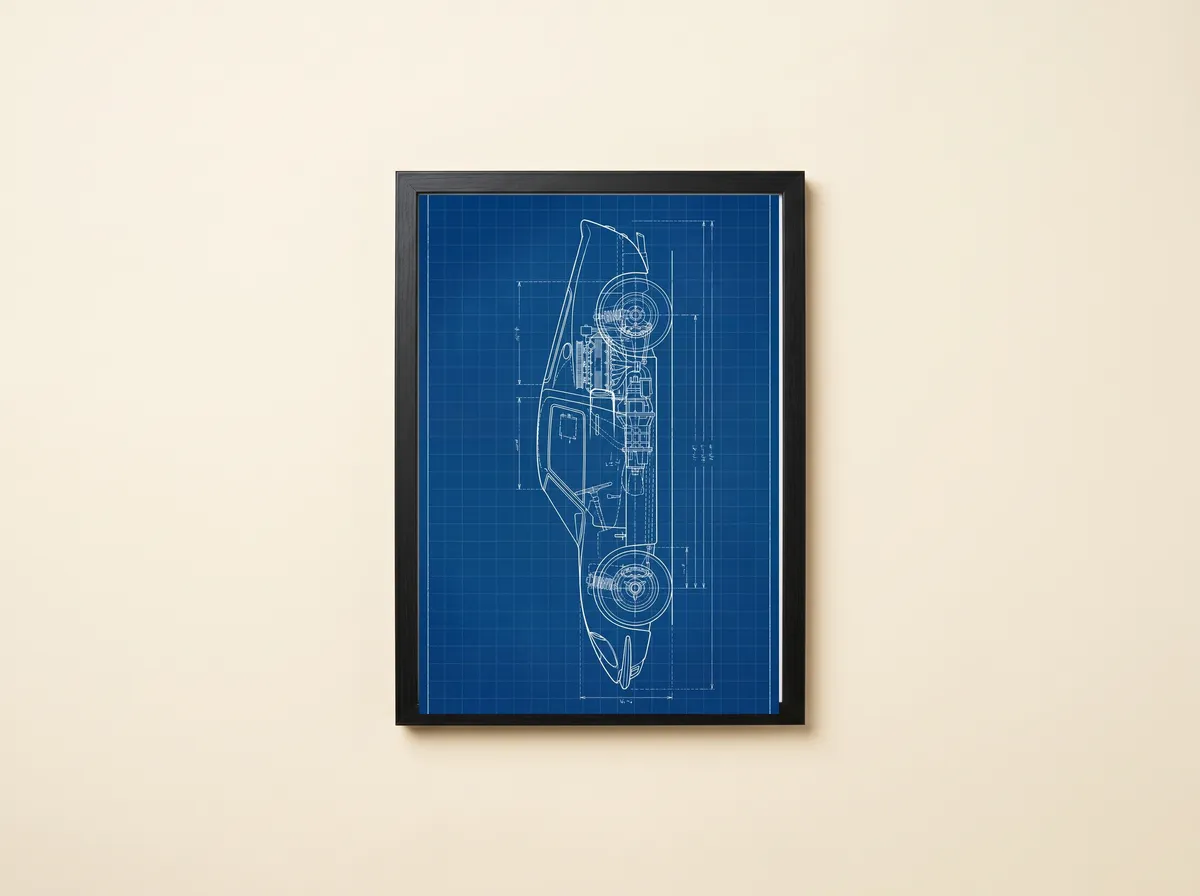 Rear-Engine Study framed, a white-line cutaway of a car on deep blue