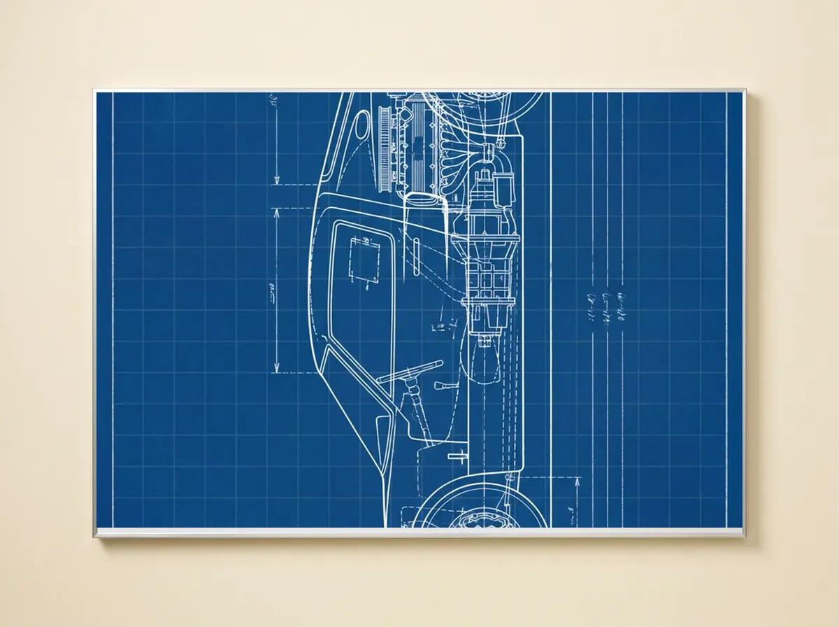 Rear-Engine Study on a metal print, cropped to the cabin, the engine and the gearbox in white line on blue.