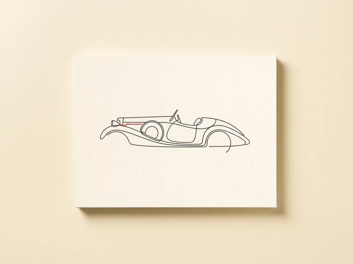 1930: The Roadster on a canvas, the line drawing centred with plenty of cream space around it.