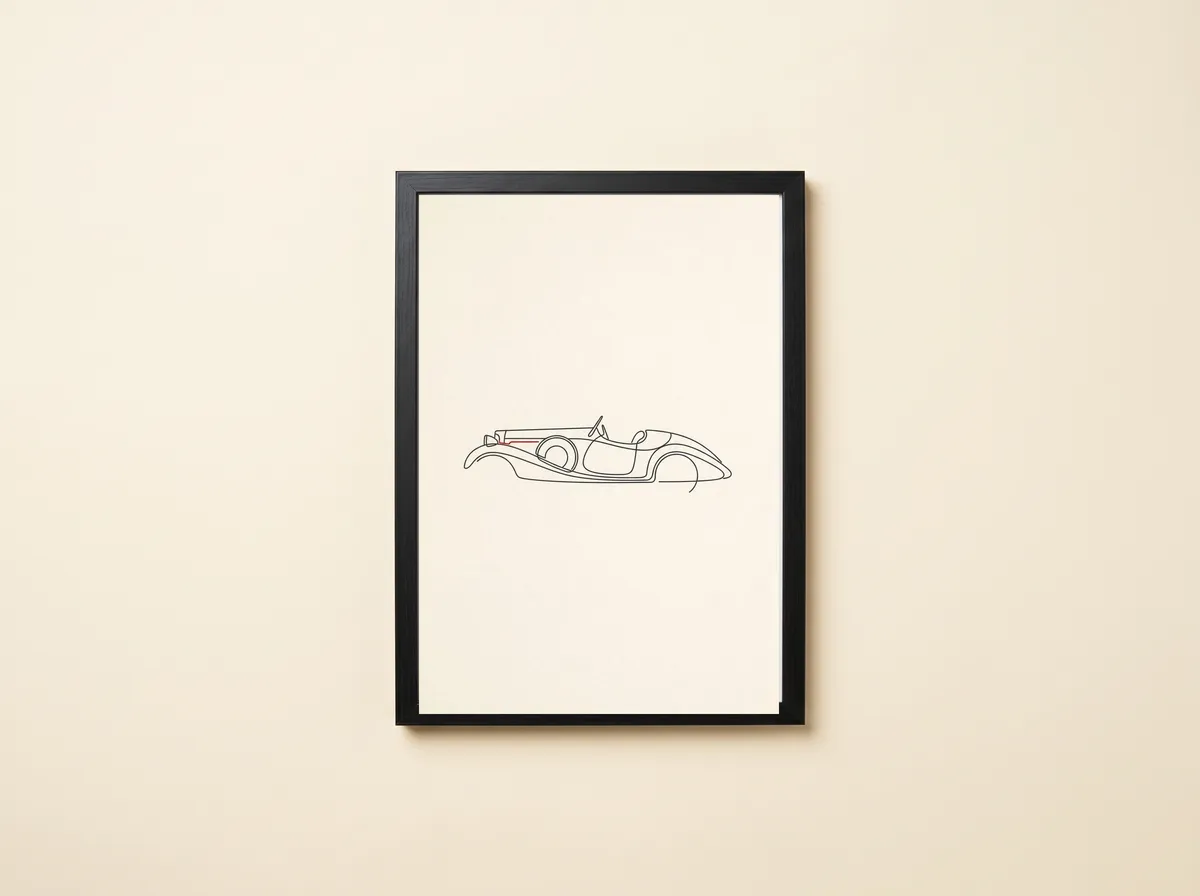 1930: The Roadster framed, a small car drawn in one continuous line on cream