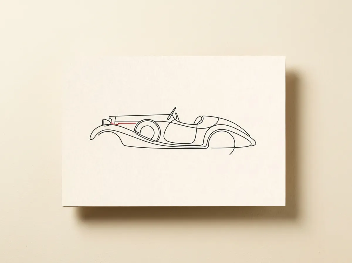 1930: The Roadster on a wood print, the one-line roadster with its red stroke on a cream ground.