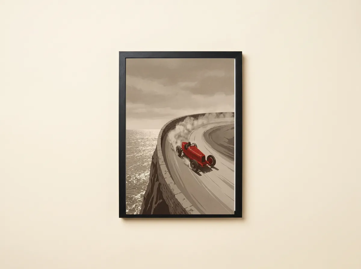 The Hairpin framed, a vintage racer drifting on a cliffside bend