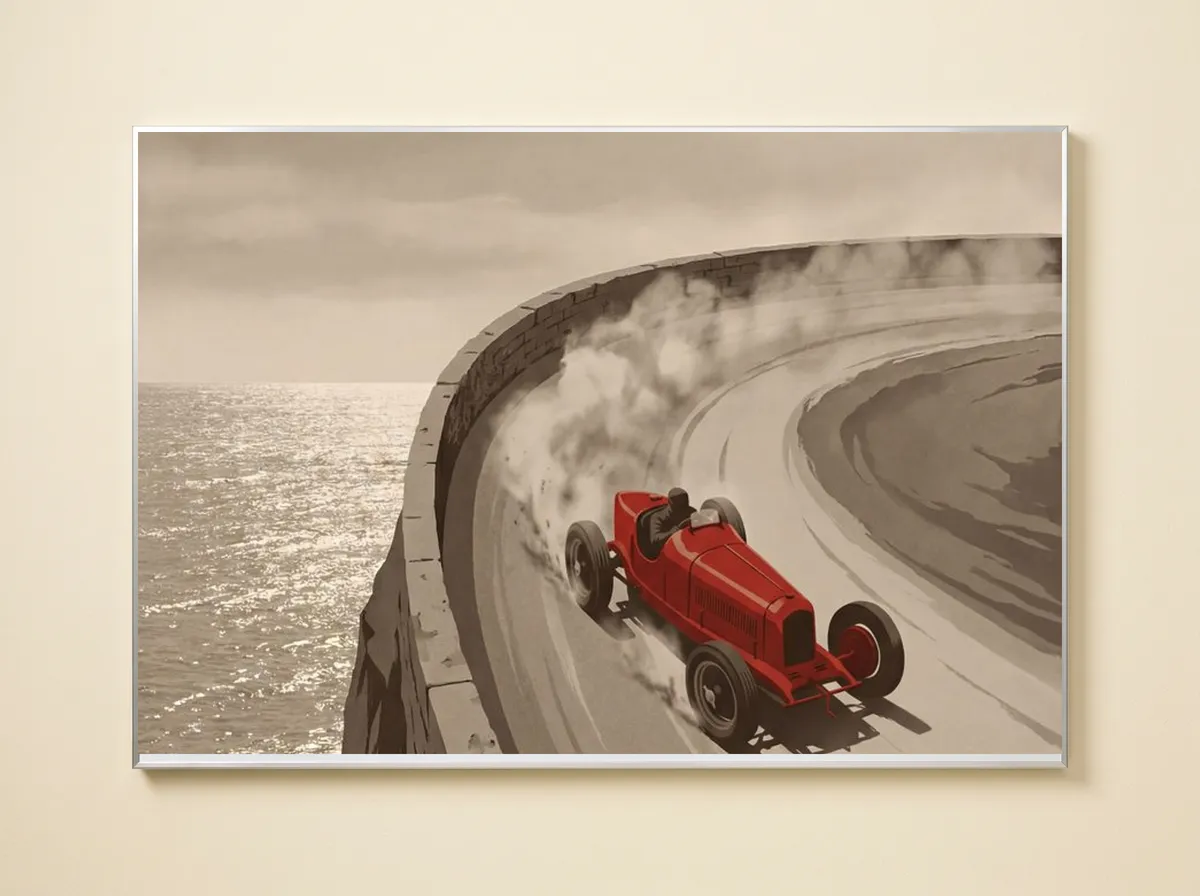 The Hairpin on a metal print, the red racer bright against the grey and brown of the cliff road.