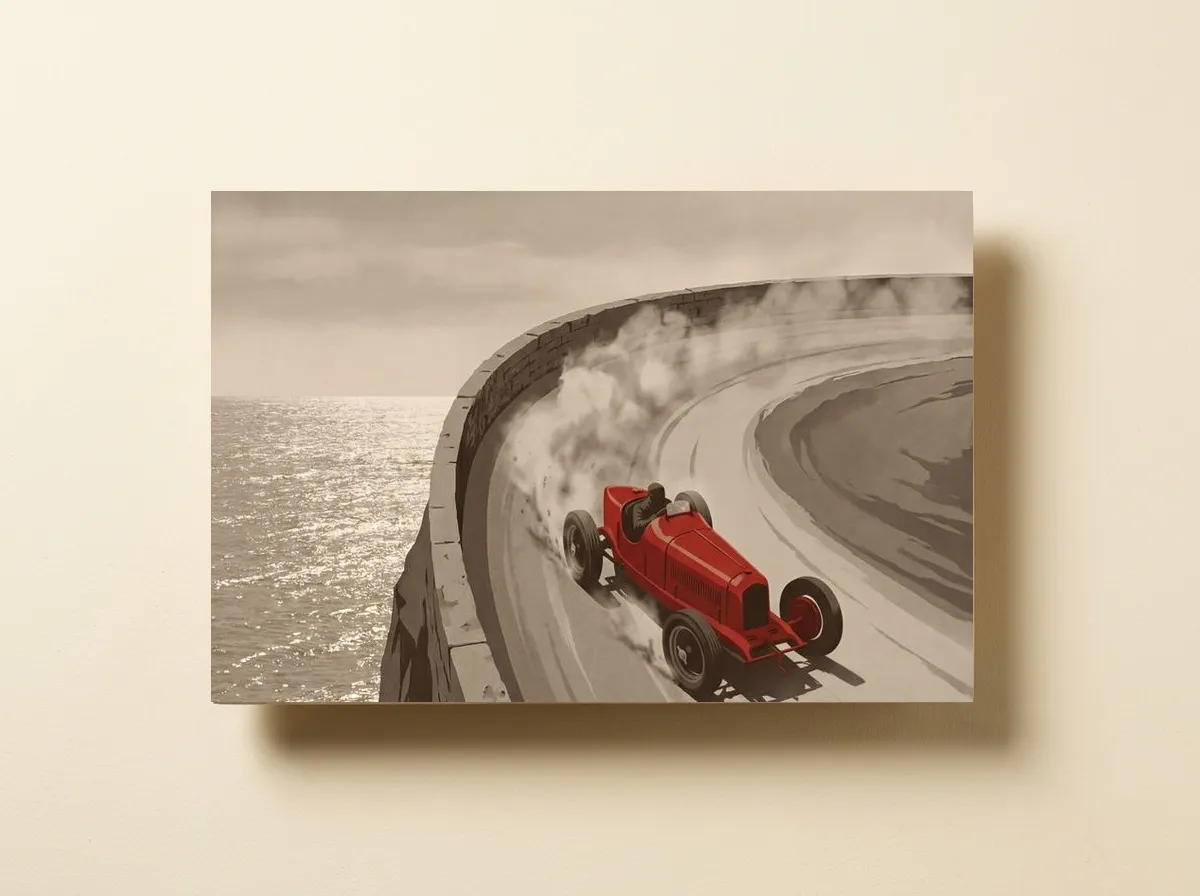 The Hairpin on a wood print, cropped wide to the curving wall, the glittering sea and the red car.