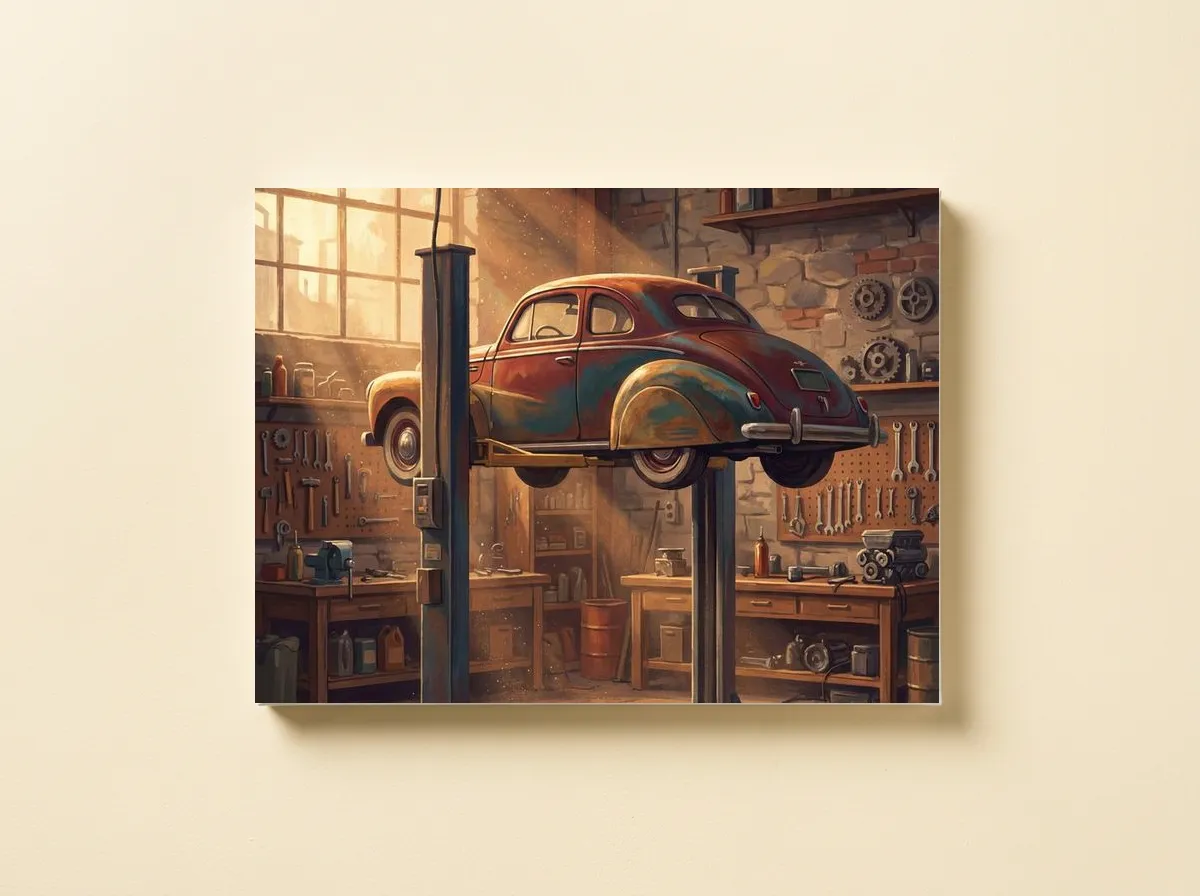 The Workshop on canvas, a classic car on a lift in golden light