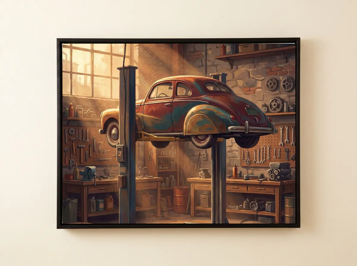 The Workshop on a black framed canvas: a faded old saloon up on a lift in a sunlit stone workshop.