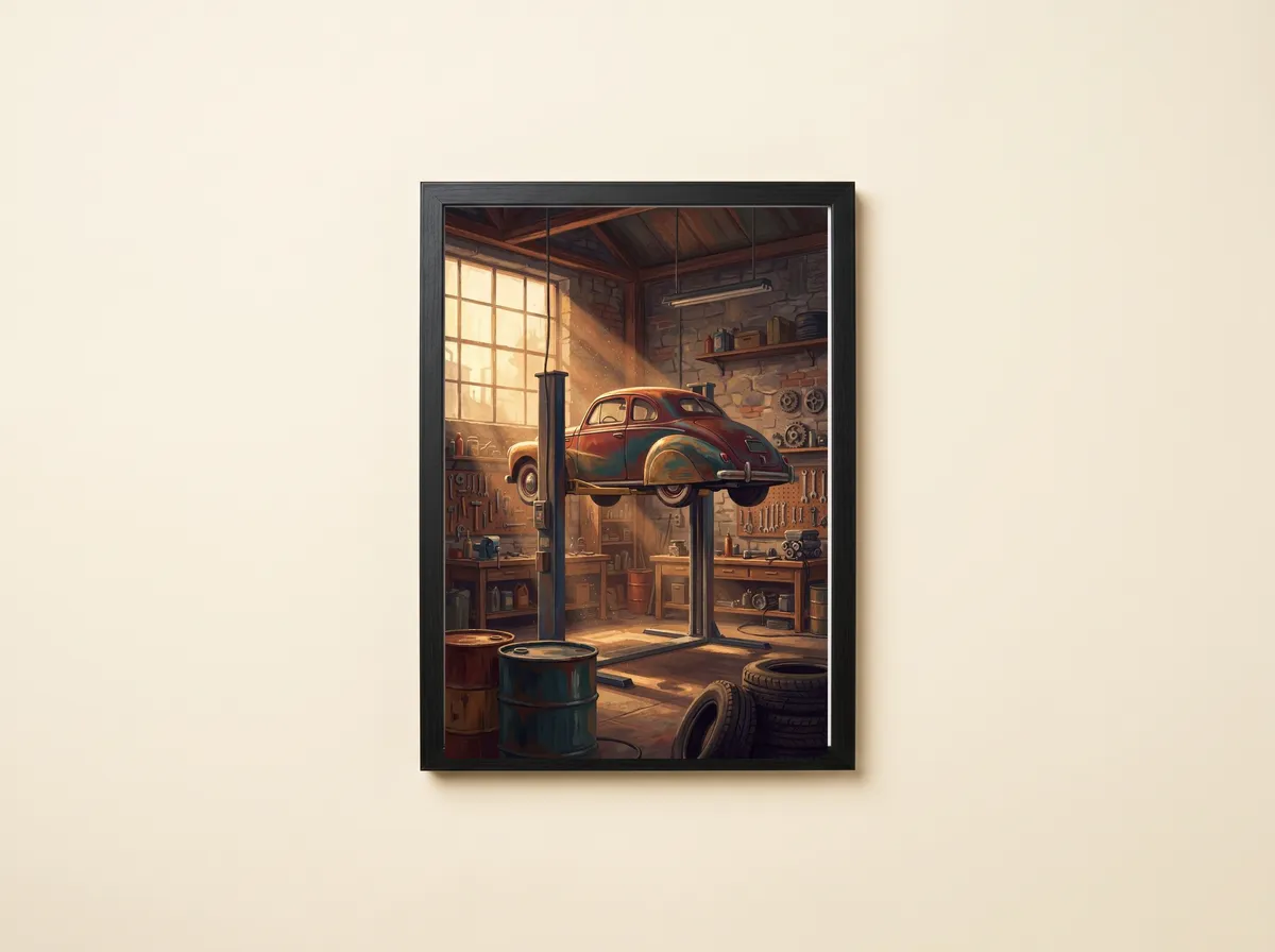 The Workshop framed on a wall, a classic car on a lift in golden light