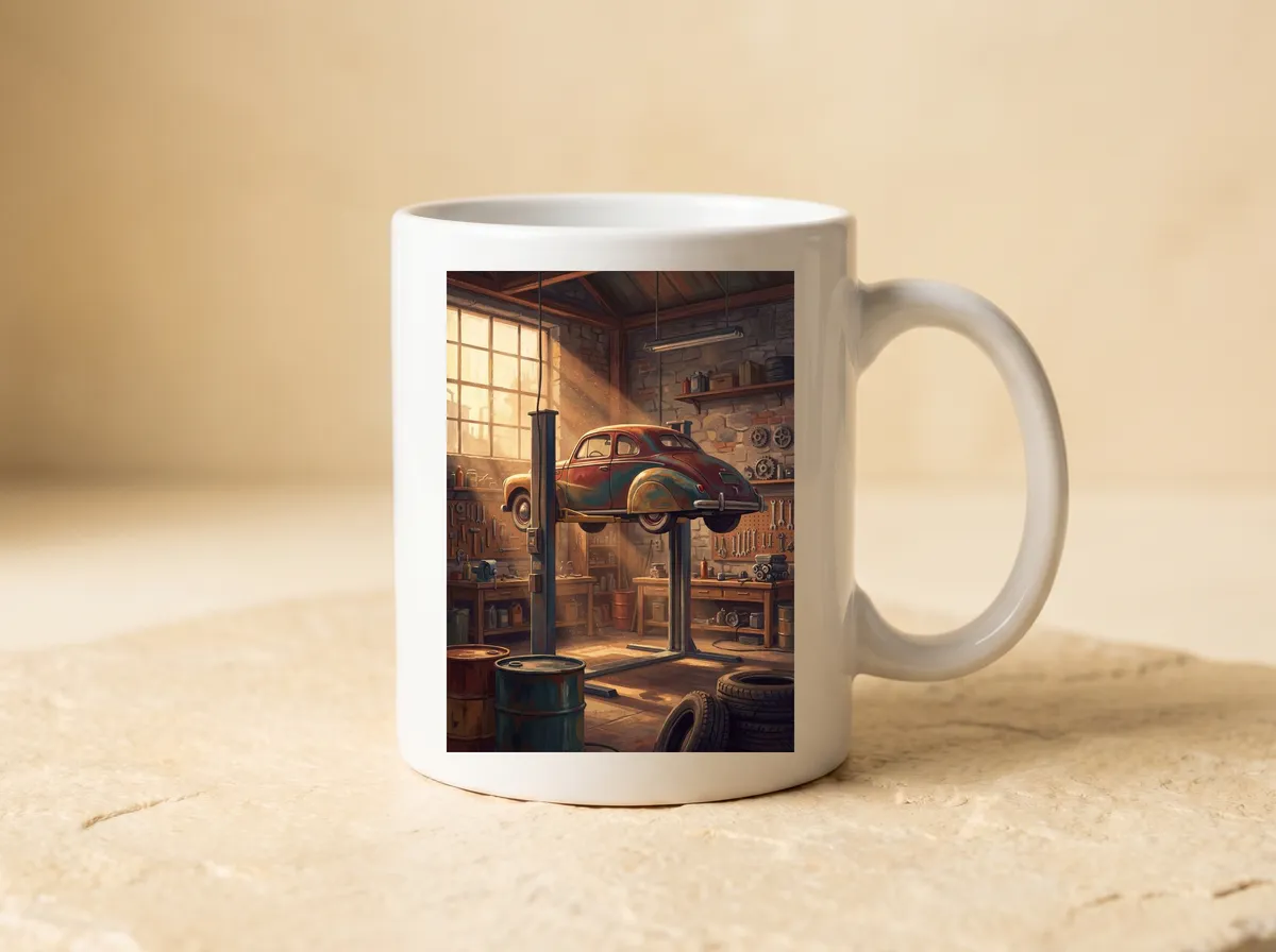 The Workshop printed on a white mug, the window light, the lifted car and the oil drum all in view.