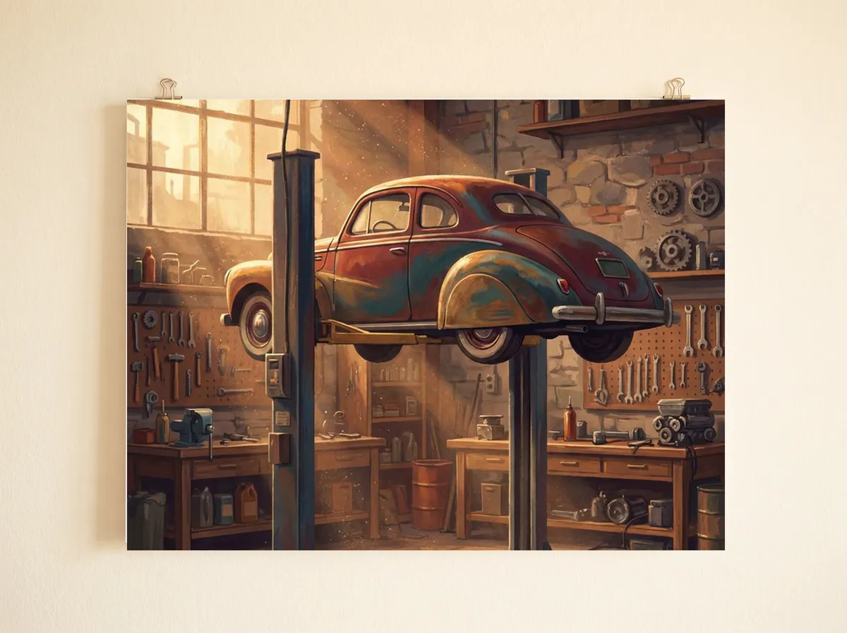 The Workshop as an unframed poster clipped to a wall, the car on the lift with tools on the pegboard behind.