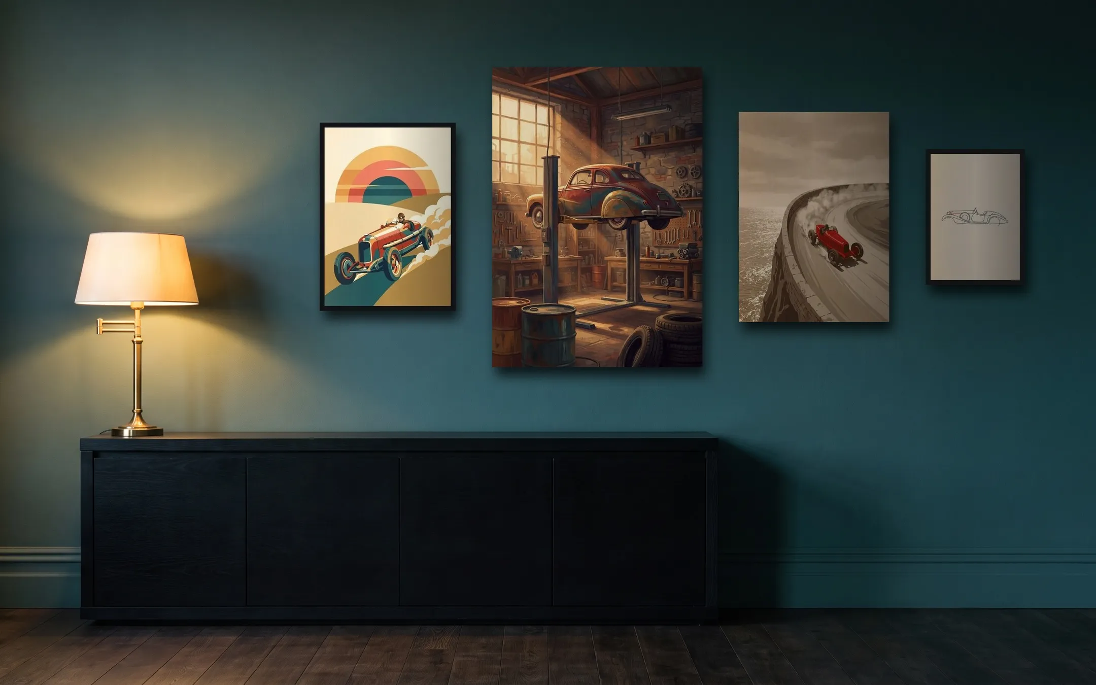 Four of the artworks hung on a dark wall above a black sideboard